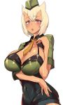  1girl blonde_hair blush breast_hold breasts cleavage covered_navel destiny_child highres horns huge_breasts leotard lips looking_at_viewer military military_uniform mona_(destiny_child) necktie open_mouth pocari_sweat_(artist) red_eyes solo uniform white_background 