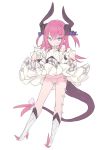  1girl :d bangs blade_(galaxist) blue_eyes blush boots dress eyebrows_visible_through_hair fate/extra fate/extra_ccc fate_(series) flat_chest full_body high_heel_boots high_heels horns lancer_(fate/extra_ccc) looking_at_viewer open_mouth panties pink_hair pink_panties side-tie_panties sidelocks simple_background smile solo standing striped striped_panties tail two_side_up underwear white_background white_dress white_panties 