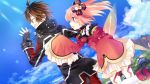  1boy 1girl alyn_(fairy_fencer_f) bare_shoulders blush brown_hair closed_eyes fairy_fencer_f fang_(fairy_fencer_f) frills game_cg official_art open_mouth red_eyes redhead skirt tsunako twintails 