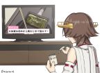  10s 1girl brown_hair chopsticks commentary headgear hiei_(kantai_collection) kantai_collection misumi_(niku-kyu) nontraditional_miko pencil short_hair solo television translation_request twitter_username 