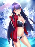  1girl absurdres bikini blue_eyes blush breasts choker cleavage cross fate/grand_order fate_(series) head_tilt highres jacket large_breasts long_hair navel open_clothes open_jacket purple_hair saint_martha saint_martha_(swimsuit_ruler)_(fate) solo swimsuit type-moon_fans 