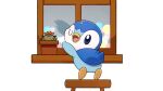  blue_eyes blush cactus commentary_request flower_pot glass no_humans official_art one_eye_closed open_mouth piplup pokemon pokemon_(creature) project_pochama solo stool tiptoes toes tongue window 