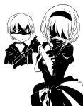  1boy 1girl bangs blade_(galaxist) blindfold blush covering_mouth drag-on_dragoon dress greyscale hairband hand_up holding laughing marker monochrome nier_(series) nier_automata parted_lips short_hair yorha_no._2_type_b yorha_no._9_type_s 