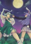  2girls aiming animal_ears arm_at_side artist_name ascot bangs bare_legs black_ascot black_hairband blazer bright_pupils bunny_tail closed_mouth commentary_request expressionless fighting_stance from_side full_moon ghost glowing glowing_eyes green_skirt green_vest grey_eyes gun hair_ribbon hairband handgun hands_up hitodama holding holding_gun holding_sword holding_weapon izumi_(q!) jacket katana konpaku_youmu konpaku_youmu_(ghost) long_hair medium_skirt moon multiple_girls night night_sky outdoors outstretched_arm puffy_short_sleeves puffy_sleeves purple_hair rabbit_ears red_eyes reisen_udongein_inaba ribbon serious shirt short_hair short_sleeves silver_hair skirt skirt_set sky socks standing sword tail touhou vest weapon white_legwear white_shirt 