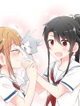  2girls black_hair brown_hair cat closed_eyes high_school_fleet highres long_hair misaki_akeno multiple_girls munetani_mashiro neckerchief open_mouth ponytail red_eyes red_neckerchief school_uniform serafuku short_hair tamonmaru_(haifuri) upper_body white_sailor_collar yasaka_shuu 