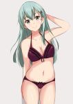  10s 1girl aqua_hair arm_behind_head bare_arms bare_shoulders bra breasts collarbone hair_ornament hairclip highres kantai_collection long_hair looking_at_viewer medium_breasts navel nemo_1988 panties solo suzuya_(kantai_collection) thighs underwear underwear_only 