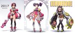  2017 3girls :3 :o absurdres animal_hood bandaid bandaid_on_face bangs bat bikini black_bikini black_legwear black_panties boots breasts brown_hair cat_hood chunrijun_(springer) cleavage closed_mouth coat crossed_bandaids dress earrings full_body garter_belt garter_straps gloves goggles goggles_on_head green_eyes grey_boots hair_between_eyes hair_over_one_eye highres holding holding_weapon hood index_finger_raised jewelry knee_boots knees_together_feet_apart legs_apart looking_at_viewer mechanical_arms medium_breasts mismatched_legwear multiple_girls navel open_clothes open_coat open_mouth original over-kneehighs panties pink_dress pink_hair puffy_short_sleeves puffy_sleeves purple_hair robot_joints science_fiction shadow short_hair short_sleeves single_over-kneehigh single_thighhigh skull standing stud_earrings swimsuit tank_top thigh-highs twintails underwear weapon white_gloves yellow_eyes 