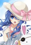  1girl :d absurdres blue_eyes blue_hair collarbone colored date_a_live day dress floating_hair grey_dress grey_hat hair_between_eyes hat hat_ribbon highres long_hair looking_at_viewer open_mouth outdoors pink_ribbon ribbon short_sleeves smile solo standing sun_hat tsunako upper_body very_long_hair yoshino_(date_a_live) yoshinon 