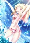 1girl :d absurdres armpits arms_up bikini blonde_hair blush breasts calzooone drill_hair eromanga_sensei eyebrows_visible_through_hair highres looking_at_viewer medium_breasts navel ocean open_mouth partially_submerged pointy_ears ponytail red_eyes short_hair side-tie_bikini smile solo standing striped striped_bikini sunlight swimsuit twin_drills yamada_elf 