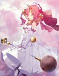  1girl bare_shoulders berserker_of_black blue_eyes clouds cloudy_sky dress elbow_gloves fate/apocrypha fate_(series) gloves hair_ornament headgear highres holding holding_weapon horn lightning mallet pink_hair ronopu short_hair sky veil weapon white_dress 