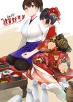  10s 2017 2girls alcohol cup female_admiral_(kantai_collection) floral_print flower food hair_flower hair_ornament japanese_clothes kaga_(kantai_collection) kantai_collection kanzashi kimono long_hair long_sleeves multiple_girls new_year obi sakazuki sake sash tabi takaoka_nanase translated 