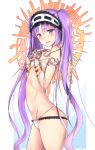  1girl arched_back bangs bare_shoulders bikini blush breasts cowboy_shot erect_nipples euryale fate/grand_order fate/hollow_ataraxia fate_(series) from_side groin hairband jewelry lolita_hairband long_hair looking_at_viewer micro_bikini navel parted_bangs parted_lips purple_hair small_breasts smile swimsuit thighs twintails untsue very_long_hair violet_eyes 