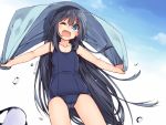  1girl ;d adyisu aqua_eyes bangs black_hair blue_sky blush collarbone cowboy_shot day eyebrows_visible_through_hair flat_chest holding_towel long_hair looking_at_viewer one_eye_closed open_mouth original outdoors school_swimsuit sky smile solo swimsuit tareme thighs twitter_username very_long_hair water_drop 