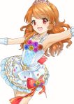  1girl absurdres aikatsu! alternate_costume alternate_hairstyle armpits bare_shoulders blush bow brown_hair commentary_request daifuki dress gloves highres jewelry long_hair looking_at_viewer necklace oozora_akari open_mouth out_of_frame outstretched_arms red_eyes smile solo tiara white_gloves 