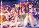  4girls :d absurdres black_eyes blonde_hair blue_eyes blush breasts brown_hair cleavage closed_eyes collarbone eyebrows_visible_through_hair green_kimono green_ribbon hair_ribbon hands_on_own_knees highres huge_filesize japanese_clothes kimono large_breasts long_hair medium_breasts multiple_girls night one_side_up open_clothes open_kimono open_mouth outdoors outstretched_arms piromizu ponytail purple_kimono purple_ribbon red_kimono redhead ribbon sarashi sitting sky small_breasts smile soaking_feet star_(sky) starry_sky under_boob very_long_hair yukata 