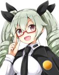  &gt;:d 1girl :d aikawa_ryou anchovy black_necktie black_ribbon blush cape commentary drill_hair fang girls_und_panzer glasses graphite_(medium) green_hair hair_between_eyes hair_ribbon highres index_finger_raised long_hair long_sleeves looking_at_viewer necktie open_mouth red-framed_eyewear ribbon shirt simple_background smile solo sparkle traditional_media twin_drills twintails under-rim_glasses upper_body violet_eyes white_background white_shirt 