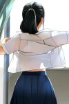  1girl black_hair blue_skirt collared_shirt cowboy_shot curtains dressing from_behind highres light_rays long_hair matsunaga_kouyou open_clothes open_shirt original outstretched_arm pleated_skirt ponytail school_uniform shirt short_sleeves skirt solo standing white_shirt window 