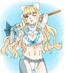  1girl arms_behind_head axe belt blonde_hair blue_background blue_eyes bow bracer breasts charlotte_(fire_emblem_if) cleavage contrapposto fire_emblem fire_emblem_heroes fire_emblem_if hair_bow hiwamoegi holding holding_axe holding_weapon lips long_hair looking_at_viewer midriff navel one_eye_closed sidelocks solo thighs wavy_hair weapon white_bow 
