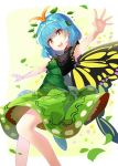  1girl :d absurdres antennae bangs blue_hair breasts butterfly_wings closed_mouth commentary_request cowboy_shot dress eternity_larva eyebrows_visible_through_hair fingernails green_dress hair_between_eyes hair_ornament hands_up head_tilt highres leaf_hair_ornament leg_up looking_at_viewer one_leg_raised open_mouth outstretched_arms patterned_clothing petals print_dress rin_falcon short_hair skirt skirt_set sleeveless sleeveless_dress smile solo standing standing_on_one_leg touhou turtleneck upper_teeth wings yellow_eyes 