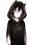  1girl ;) black_hair chain_necklace closed_mouth grey_background hair_between_eyes hasunokaeru highres hood hood_up horns looking_at_viewer one_eye_closed original red_eyes robe simple_background smile solo torn_clothes upper_body 