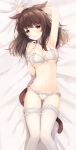  1girl :o animal_ears armpits bangs bare_arms bare_shoulders bed_sheet blush bra breasts cat_ears cat_tail cleavage commentary_request dakimakura final_fantasy final_fantasy_xiv finger_to_chin frilled_bra frilled_legwear frilled_panties frills from_above head_tilt long_hair looking_at_viewer looking_up lying medium_breasts miqo&#039;te navel on_back open_mouth panties red_eyes solo stomach tail tareme thigh_gap underwear underwear_only usamito white_bra white_choker white_legwear white_panties wrist_cuffs 