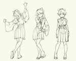  10s 1girl bow eyebrows_visible_through_hair from_behind hair_between_eyes hair_bow hakama_skirt hand_on_neck high_ponytail houshou_(kantai_collection) japanese_clothes kantai_collection long_hair looking_at_viewer monochrome multiple_views pas_(paxiti) sandals sketch standing 