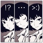  !? &gt;:) &gt;:3 ... 1girl :3 blush_stickers bob_cut brown_background closed_eyes collared_shirt expression_chart frown greyscale ilya_kuvshinov looking_at_viewer monochrome multiple_views naughty_face original portrait shirt short_hair simple_background surprised tsurime upper_body 