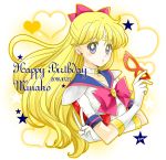  1girl aino_minako bishoujo_senshi_sailor_moon blonde_hair blue_eyes blue_sailor_collar bow brooch character_name crescent dated earrings facial_mark forehead_mark gloves hair_bow half_updo happy_birthday heart jewelry long_hair looking_at_viewer magical_girl mask mask_removed parted_lips pink_bow red_bow sailor_v sarashina_kau signature solo star upper_body white_background white_choker white_gloves 