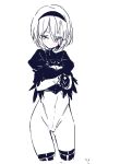  1girl bangs blade_(galaxist) blush covered_navel drag-on_dragoon greyscale hair_between_eyes hairband highleg highleg_leotard juliet_sleeves leotard long_sleeves monochrome nier_(series) nier_automata own_hands_together parted_lips puffy_sleeves short_hair sketch solo thigh-highs yorha_no._2_type_b 