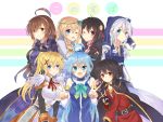  6+girls :d ;) ;d ahoge aqua_(konosuba) armor bare_shoulders black_gloves black_hair blonde_hair blue_eyes blue_hair braid breastplate breasts brown_eyes brown_hair cape choker cleavage_cutout copyright_name cross darkness_(konosuba) detached_sleeves dress eris_(konosuba) eyebrows_visible_through_hair fingerless_gloves flat_chest food fruit gloves grapes hagoromo hair_ornament hat hat_removed headwear_removed highres huge_ahoge iris_(konosuba) iumi_urura japanese kadokawa_shoten kono_subarashii_sekai_ni_shukufuku_wo! large_breasts long_hair long_sleeves looking_at_viewer medium_breasts megumin multiple_girls one_eye_closed open_mouth purple_dress red_eyes robe shawl short_hair small_breasts smile v white_dress white_hair wiz_(konosuba) x_hair_ornament yunyun_(konosuba) 