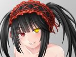  1girl bare_shoulders black_hair clock_eyes collarbone date_a_live hairband heterochromia lolita_hairband long_hair looking_at_viewer ogoro red_eyes simple_background smile solo symbol-shaped_pupils tokisaki_kurumi twintails uneven_twintails upper_body yellow_eyes 