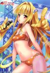  1girl absurdly_long_hair absurdres bikini blonde_hair breasts cleavage copyright_name cowboy_shot day eyebrows_visible_through_hair floating_hair hair_ornament halterneck highres holding holding_microphone konjiki_no_yami living_hair long_hair looking_at_viewer microphone navel official_art orange_bikini outdoors parted_lips prehensile_hair red_eyes shiny shiny_skin sideboob small_breasts solo sparkle standing swimsuit to_love-ru very_long_hair yabuki_kentarou 