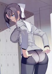  1girl absurdres black_hair black_legwear bow breasts cowboy_shot crotch_seam error grey_eyes hair_bow highres indoors large_breasts leaning_forward locker_room looking_at_viewer mibu_natsuki original panties panties_under_pantyhose pantyhose senran_kagura_(series) short_hair_with_long_locks sidelocks solo standing underwear white_bow yumi_(senran_kagura) 