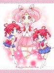  3girls bishoujo_senshi_sailor_moon blue_skirt boots bow chibi_chibi chibi_usa circlet closed_mouth copyright_name double_bun drill_hair dual_persona elbow_gloves gloves hair_ornament hairpin hands_clasped knee_boots layered_skirt looking_at_viewer magical_girl multiple_girls pink_bow pink_choker pink_hair pink_sailor_collar pink_skirt pleated_skirt red_bow red_eyes redhead sailor_chibi_chibi sailor_chibi_moon sarashina_kau short_hair skirt smile super_sailor_chibi_moon_(stars) twin_drills twintails white_boots white_gloves 