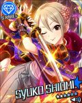  1girl ;p artist_request blonde_hair brown_eyes character_name diamond_(symbol) earrings eyelashes fighting fingerless_gloves flower gloves hair_flower hair_ornament hakama holding holding_sword holding_weapon idolmaster idolmaster_cinderella_girls japanese_clothes jewelry katana official_art one_eye_closed sheath shiomi_shuuko short_hair solo sword tongue tongue_out weapon 