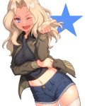  1girl ;d black_shirt blonde_hair blue_eyes blue_shorts brown_jacket denim denim_shorts girls_und_panzer jacket kay_(girls_und_panzer) long_hair long_sleeves looking_at_viewer midriff one_eye_closed open_clothes open_jacket open_mouth pairan saunders_military_uniform shirt short_shorts shorts simple_background smile solo star thigh-highs white_background white_legwear 