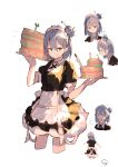  1girl =3 aqua_eyes artist_name bangs cake closed_mouth cropped_legs enj! expressionless food from_side grey_hair hair_between_eyes hair_bun highres holding holding_food holding_tray looking_at_viewer maid maid_headdress multiple_views original pointy_ears short_sleeves signature simple_background sketch tray white_background 