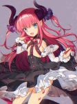 &gt;:d 1girl :d bangs black_dress blue_eyes breasts cowboy_shot detached_sleeves dress eyebrows_visible_through_hair fang fate/extra fate/extra_ccc fate_(series) frills hand_up horns lancer_(fate/extra_ccc) long_hair looking_at_viewer open_mouth pink_hair pointy_ears small_breasts smile solo tail two_side_up yasiromann