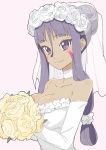  1girl absurdres bare_shoulders bouquet breasts bridal_veil choker cleavage dark_skin donguri_suzume dress facial_mark fate/grand_order fate_(series) flower highres large_breasts long_hair looking_at_viewer nitocris_(fate/grand_order) purple_hair smile solo veil violet_eyes wedding_dress 