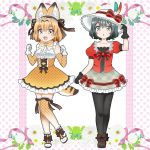  2girls :d :o adapted_costume animal_ears bare_shoulders black_gloves black_hair black_legwear blonde_hair bow bowtie clenched_hands commentary elbow_gloves eyebrows_visible_through_hair fang frilled_skirt frills full_body gloves green_eyes hand_on_headwear hat hat_bow hat_feather headdress high-waist_skirt kaban_(kemono_friends) kemono_friends looking_at_viewer multiple_girls open_mouth otomelyric pantyhose plaid plaid_skirt polka_dot polka_dot_gloves polka_dot_legwear polka_dot_skirt puffy_short_sleeves puffy_sleeves red_shirt ribbon serval_(kemono_friends) serval_ears serval_tail shirt shoe_bow shoes short_hair short_sleeves skirt sleeveless sleeveless_shirt smile tail thigh-highs unmoving_pattern yellow_eyes yellow_gloves yellow_legwear yellow_skirt 