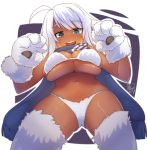  1girl 2017 :d ahoge artist_name blue_scarf breasts dark_skin eyebrows_visible_through_hair from_below fur_bikini green_eyes highres large_breasts looking_at_viewer looking_down monster_girl_encyclopedia navel open_mouth paws scarf signature smile solo tilt-shift white_fur white_hair yeti_(monster_girl_encyclopedia) 