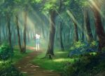  1girl anime_coloring arm_holding arms_behind_back black_hair blue_skirt bush dappled_sunlight day facing_away forest from_behind full_body grass kneehighs light_particles light_rays looking_away medium_hair nature original outdoors path pleated_skirt road scenery skirt solo sunbeam sunlight tree white_legwear wind xingyue_ling 