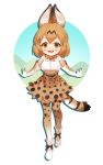  1girl animal_ears brown_eyes brown_hair elbow_gloves gloves high-waist_skirt highres kemono_friends open_mouth pandako serval_(kemono_friends) serval_ears serval_print serval_tail shirt short_hair skirt sleeveless sleeveless_shirt solo standing striped_tail tail thigh-highs 
