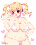  1girl :d artist_name belly bikini blonde_hair blush breasts cleavage cowboy_shot eyebrows_visible_through_hair fat fat_folds headphones heart heart_background huge_breasts inioli jewelry looking_at_viewer nail_polish necklace nitroplus open_mouth orange_eyes shiny shiny_hair short_twintails side-tie_bikini smile solo star_necklace super_pochaco swimsuit thick_thighs thighs twintails yellow_nails 