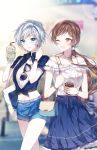  2girls anastasia_(idolmaster) bag blue_eyes brown_eyes brown_hair frappuccino idolmaster idolmaster_cinderella_girls jewelry long_hair love_laika multiple_girls n_n_(vbdpsep) necklace nitta_minami one_eye_closed short_hair shorts silver_hair skirt smile sunglasses_around_neck 