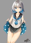  1girl artist_name black_skirt blue_eyes blue_hair blue_neckerchief blush breasts cleavage collarbone dated eyebrows_visible_through_hair grey_hair kavka looking_at_viewer medium_breasts multicolored_hair neckerchief original short_hair skirt solo 