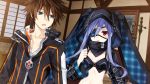  1boy 1girl animal_ears blue_eyes blue_hair blush brown_hair effole_(fairy_fencer_f) eyepatch fairy_fencer_f fang_(fairy_fencer_f) game_cg hood hoodie long_hair official_art open_mouth red_eyes tsunako 