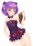  1girl 2drr absurdres bare_shoulders belt bob_cut book breasts fate/grand_order fate_(series) helena_blavatsky_(fate/grand_order) highres holding holding_book looking_at_viewer open_mouth purple_hair short_hair simple_background small_breasts smile solo tree_of_life violet_eyes white_background 