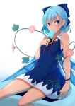  1girl arm_at_side bare_shoulders blue_bow blue_dress blue_eyes blue_hair blush bow breasts cirno covered_navel detached_wings dress eating eyebrows_visible_through_hair flower food hair_between_eyes hair_bow holding holding_food ice ice_wings leaf looking_at_viewer opanchu_(pixiv259683) pinafore_dress plant popsicle red_ribbon ribbon short_hair simple_background sitting sleeveless sleeveless_dress small_breasts solo sunflower sweat tan tanned_cirno touhou tsurime vines water white_background wings 