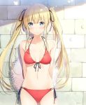  1girl 6u_(eternal_land) arms_behind_back bikini blonde_hair blue_eyes breasts facing_viewer front-tie_top hat long_hair navel red_bikini saenai_heroine_no_sodatekata sawamura_spencer_eriri side-tie_bikini small_breasts solo stone_wall straw_hat sun_hat swimsuit thigh_gap twintails wall 